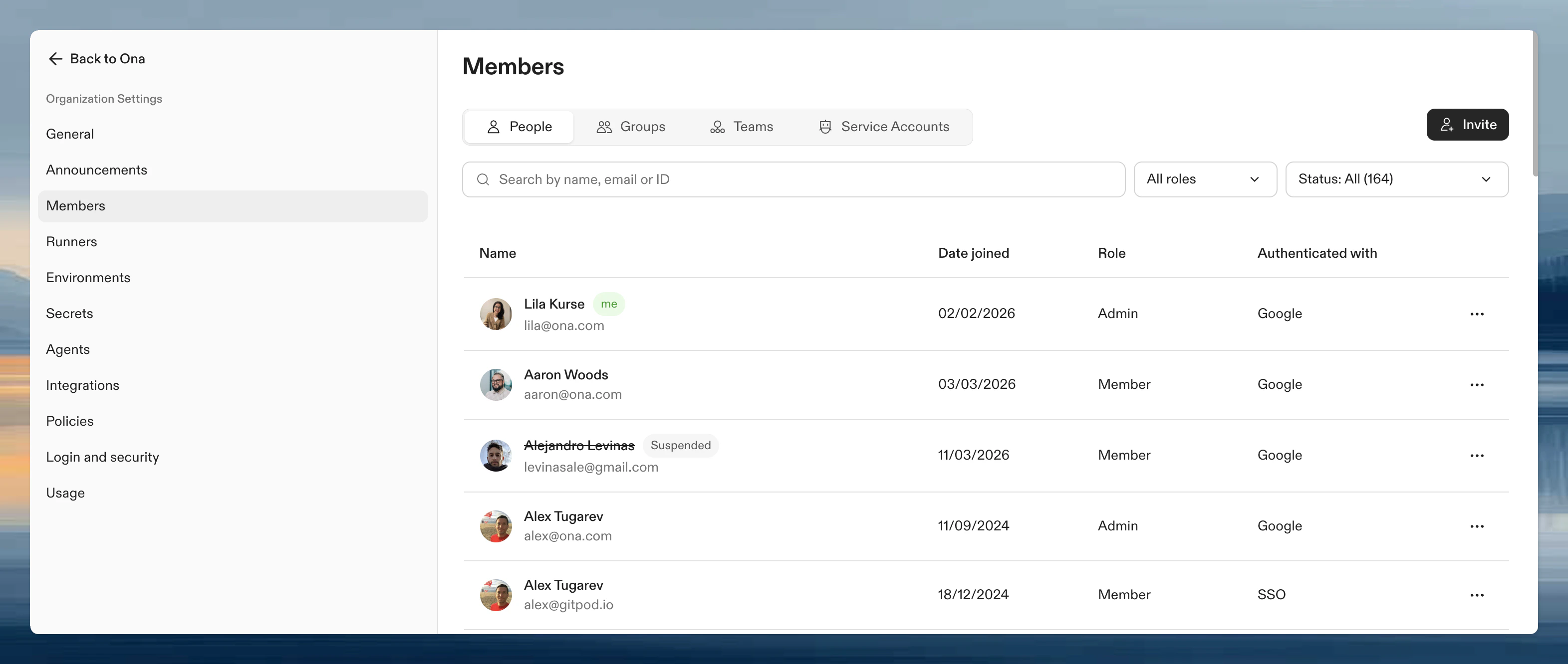 Members list showing member names, roles, and last active dates