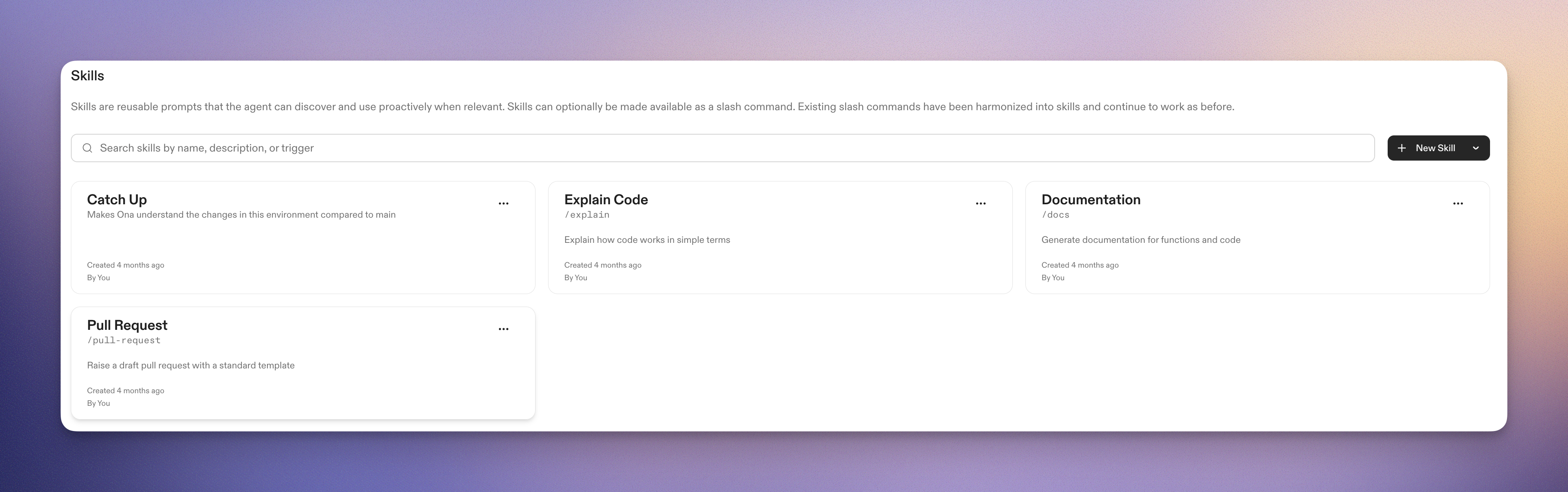 Skills settings interface showing available skills