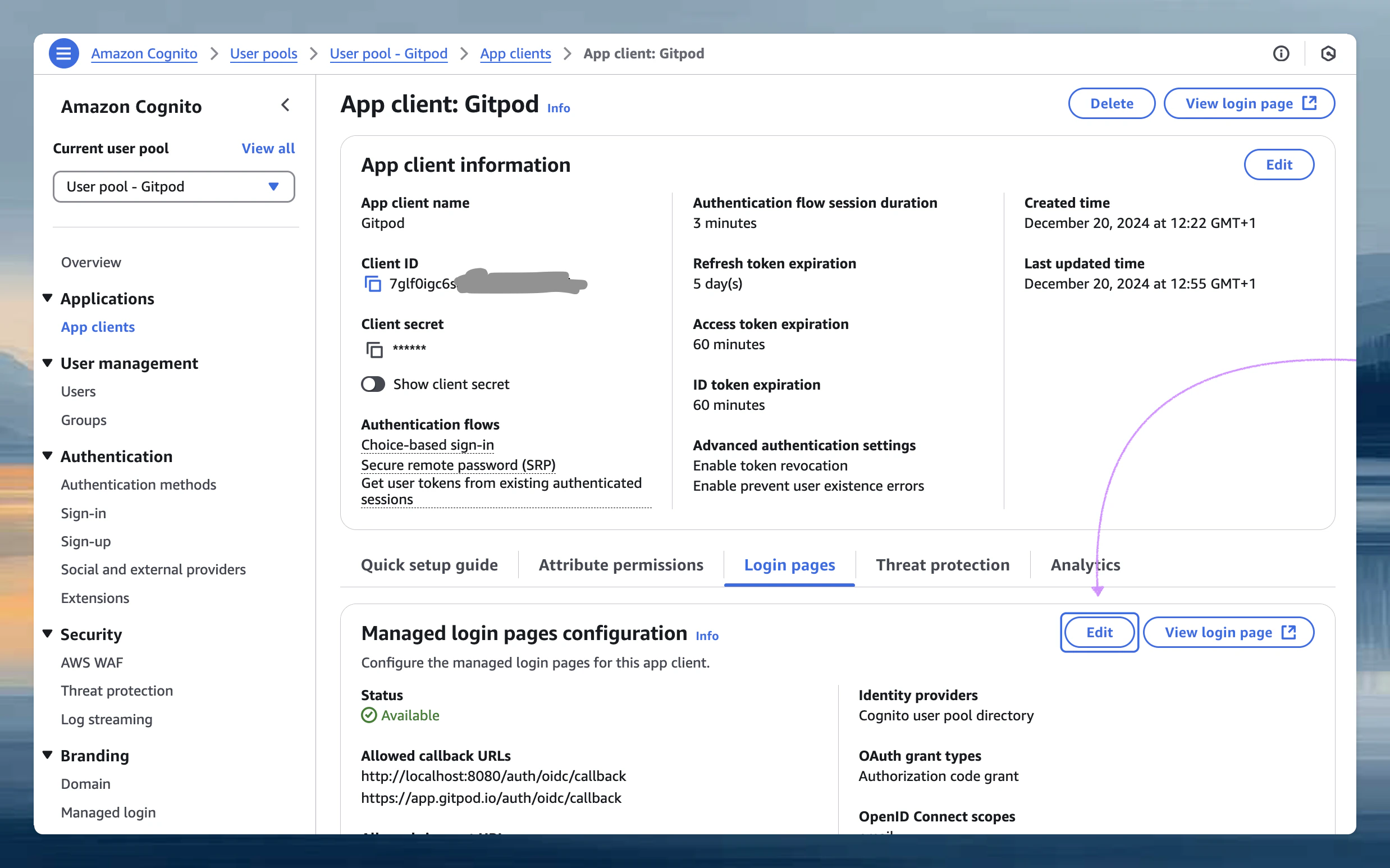 Amazon Cognito - Edit Scopes