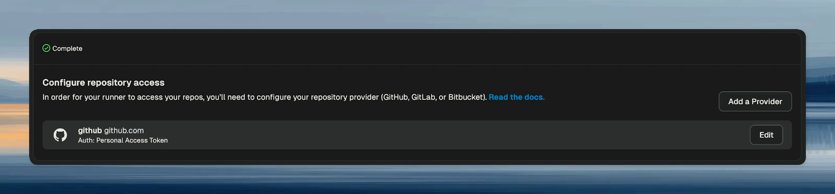 Runner details page showing successful setup with repository access configured