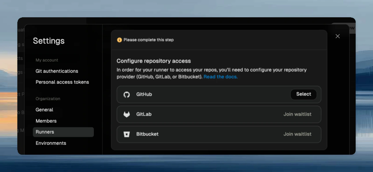 Provider selection dialog showing GitHub, GitLab, Bitbucket, and Azure DevOps options