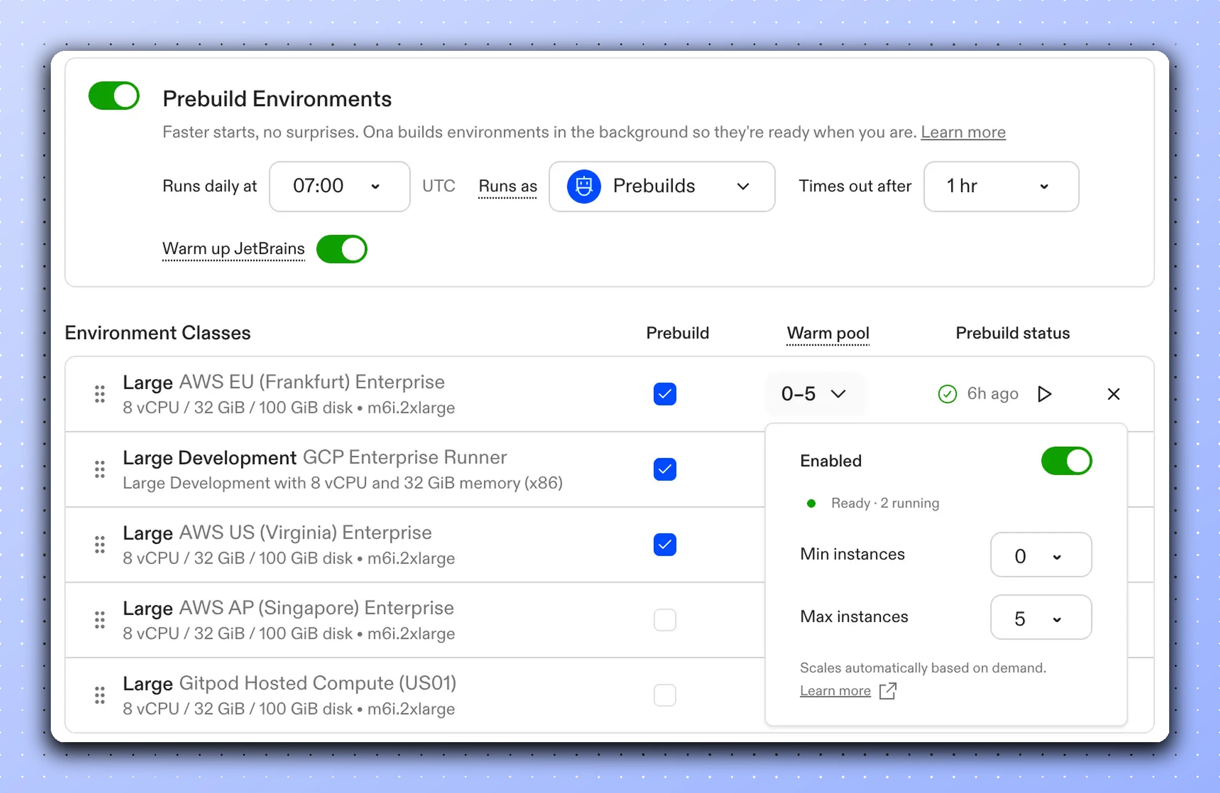 Warm pool toggle in project prebuild settings