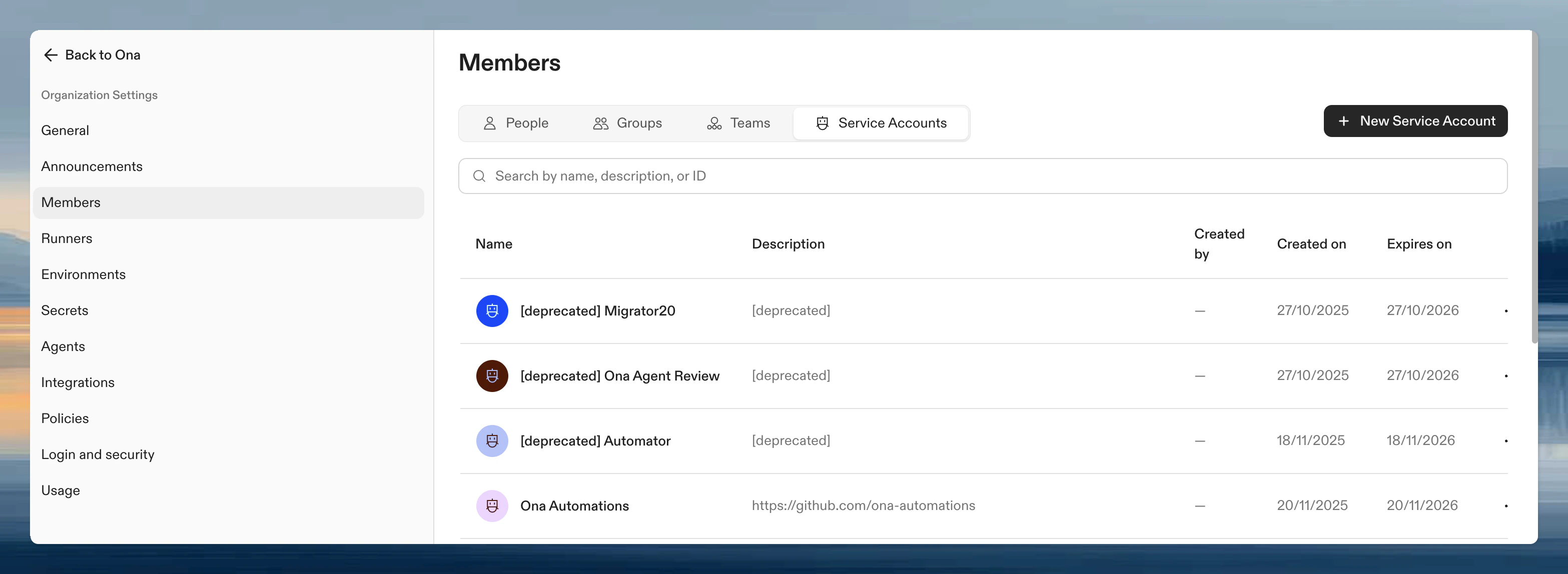 Service Accounts page showing list of accounts with names and expiration dates