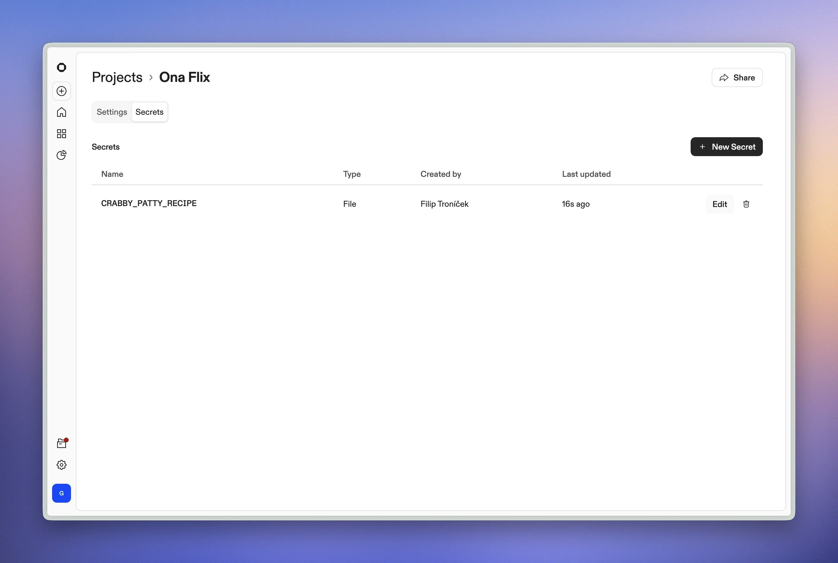 Project secrets page showing list of shared secrets with type and name columns
