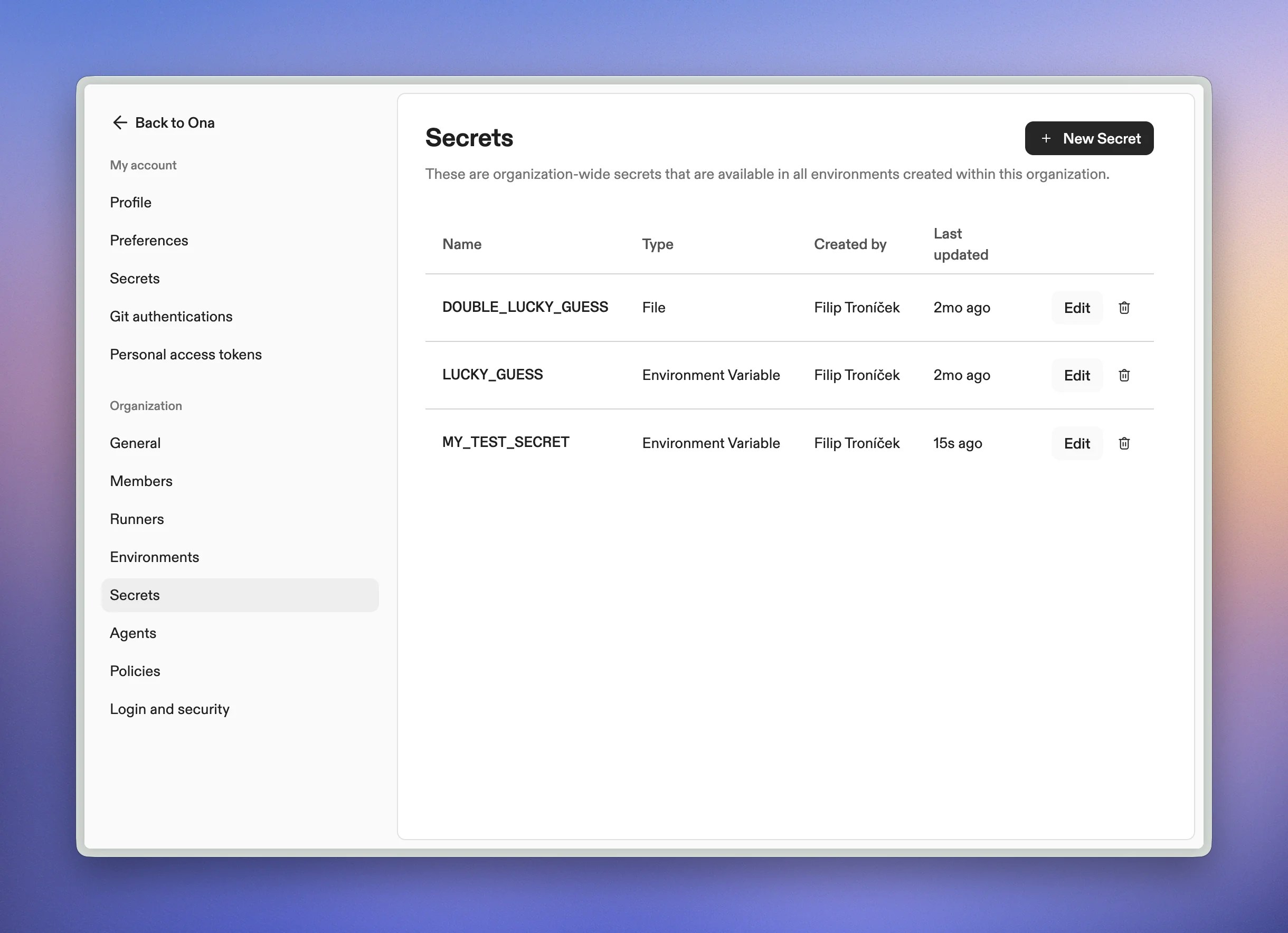Organization secrets settings page showing list of company-wide secrets with type and name columns