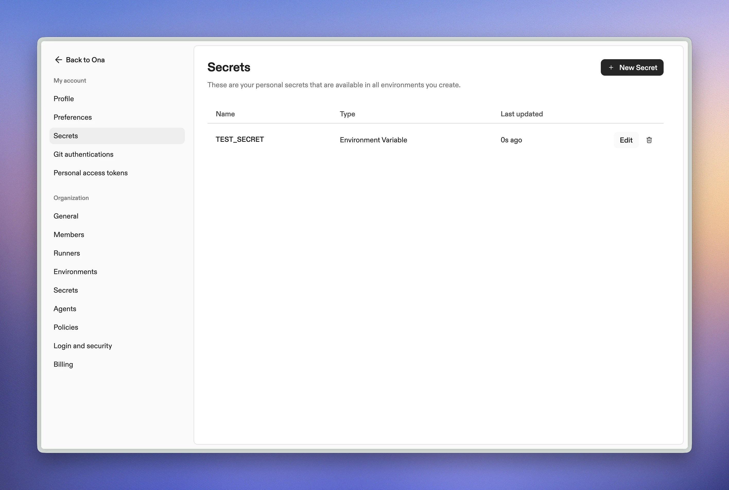 User secrets settings page showing list of personal secrets