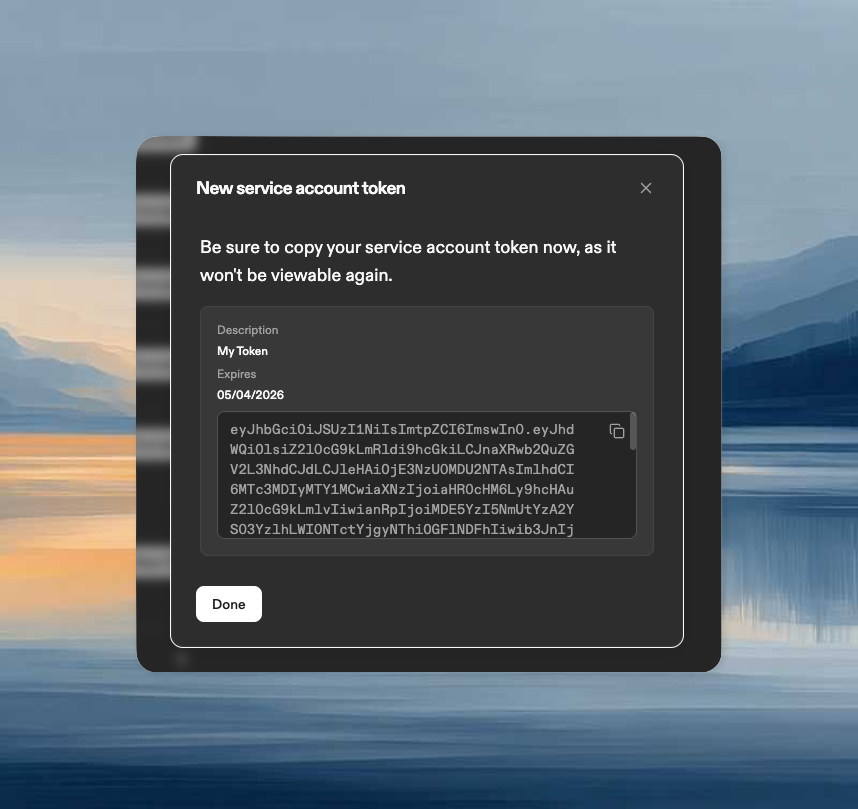 Token copy dialog showing the token value