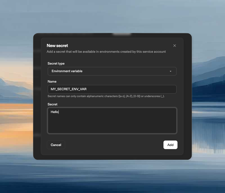 Service account secret creation dialog