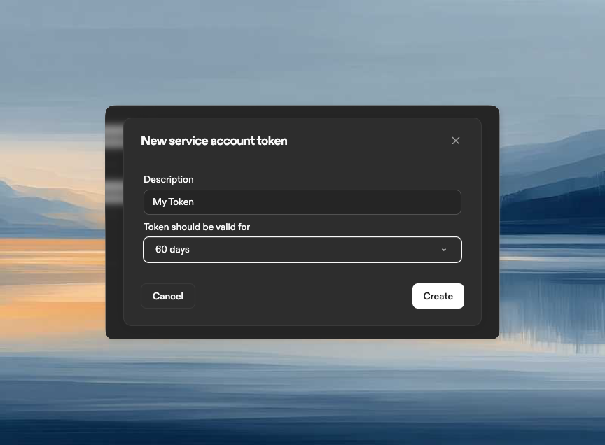 Service account token creation dialog