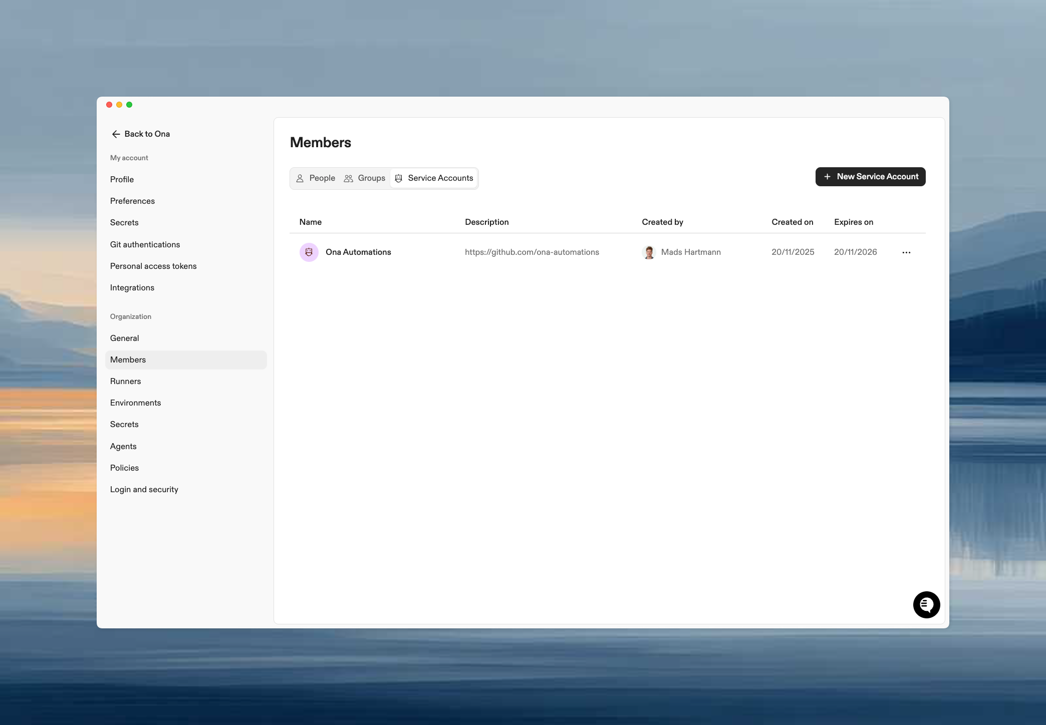 Service Accounts page showing list of accounts with names and expiration dates