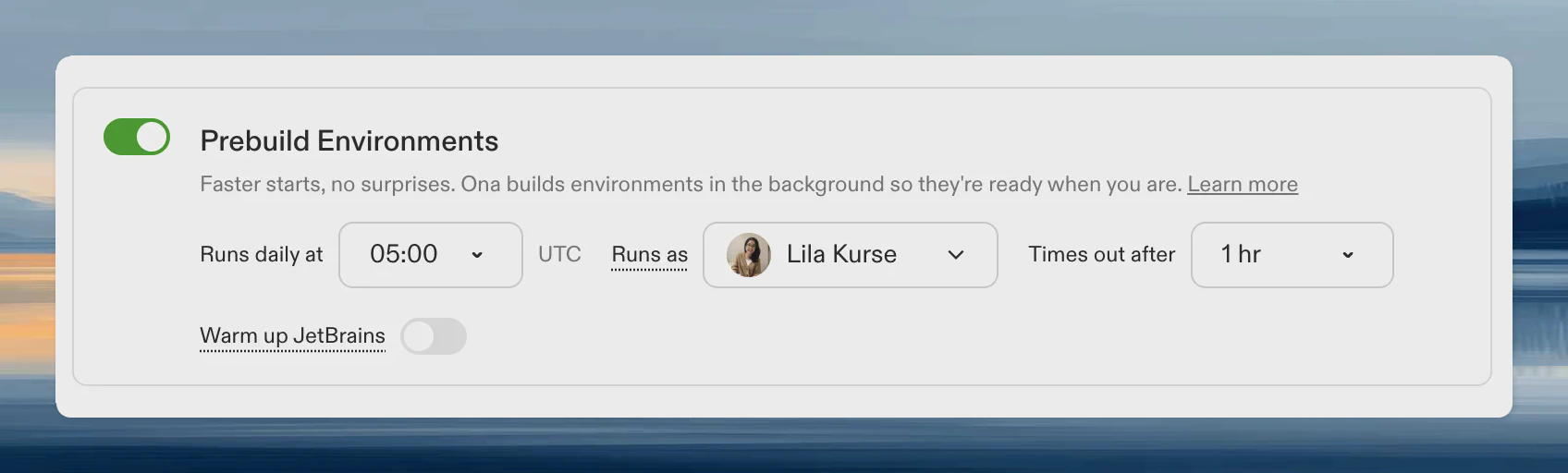 Prebuild configuration section showing enable toggle, environment classes, schedule, executor, and timeout options