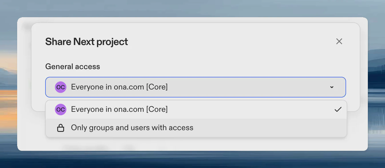 Project sharing settings showing visibility options for organization members or admins only