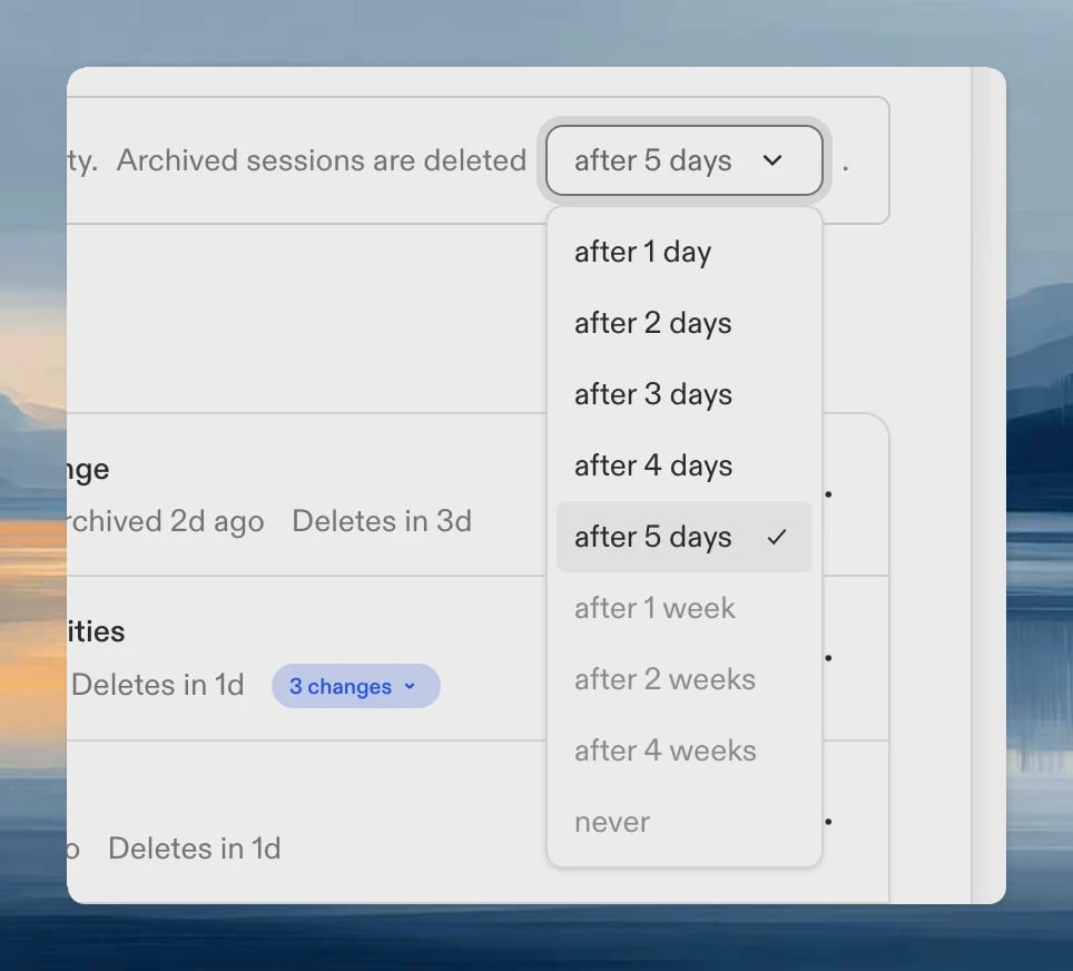 Archived sessions auto-delete dropdown in user settings