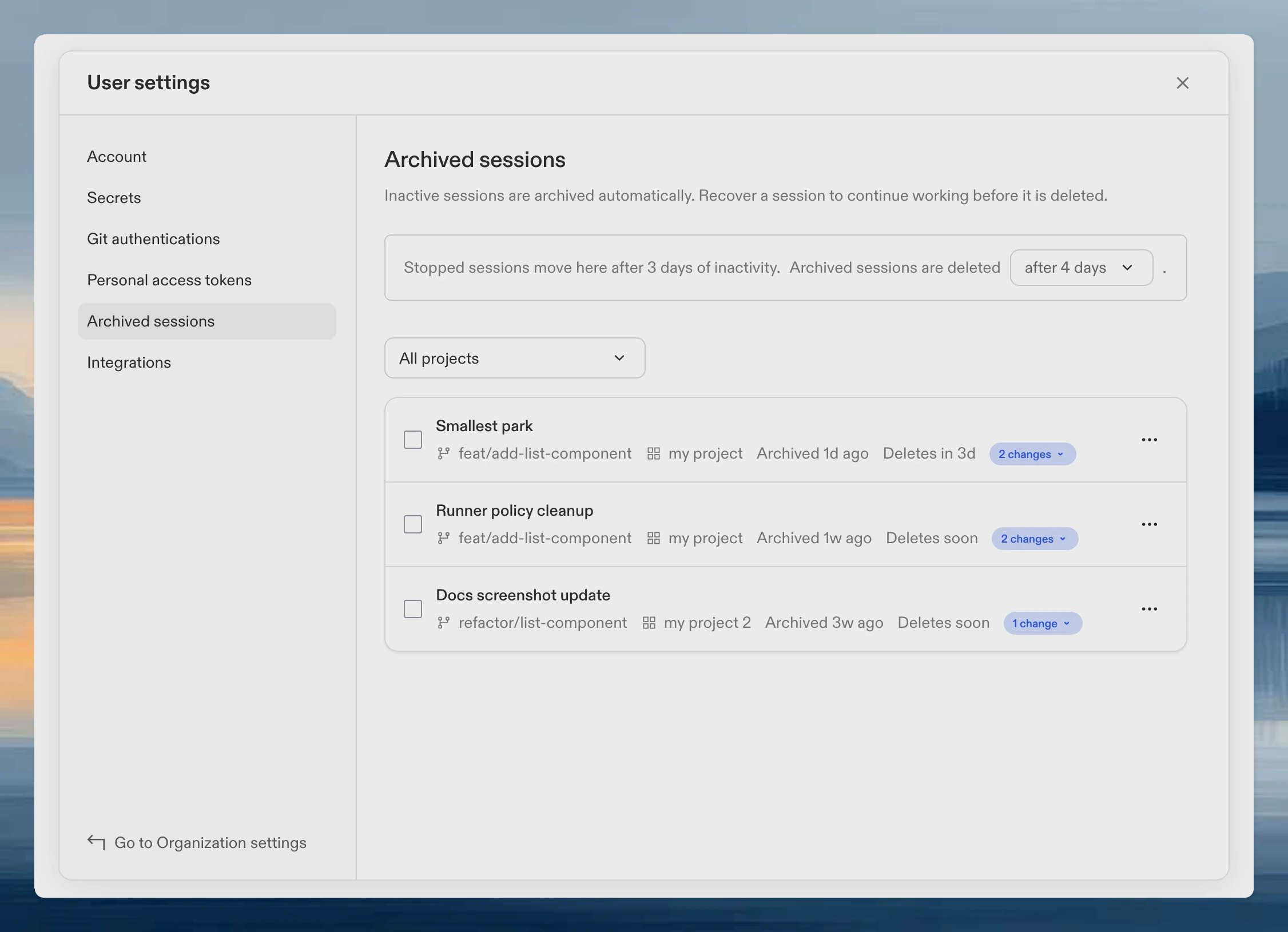 Archived sessions page in user settings
