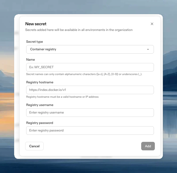 New secret dialog with Container Registry type showing hostname, username, and password fields