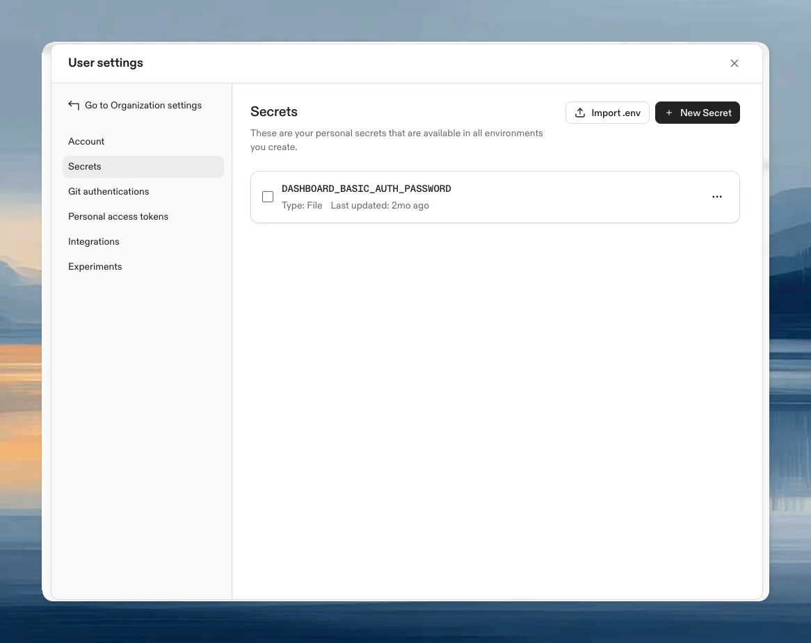 User secrets settings page showing list of personal secrets