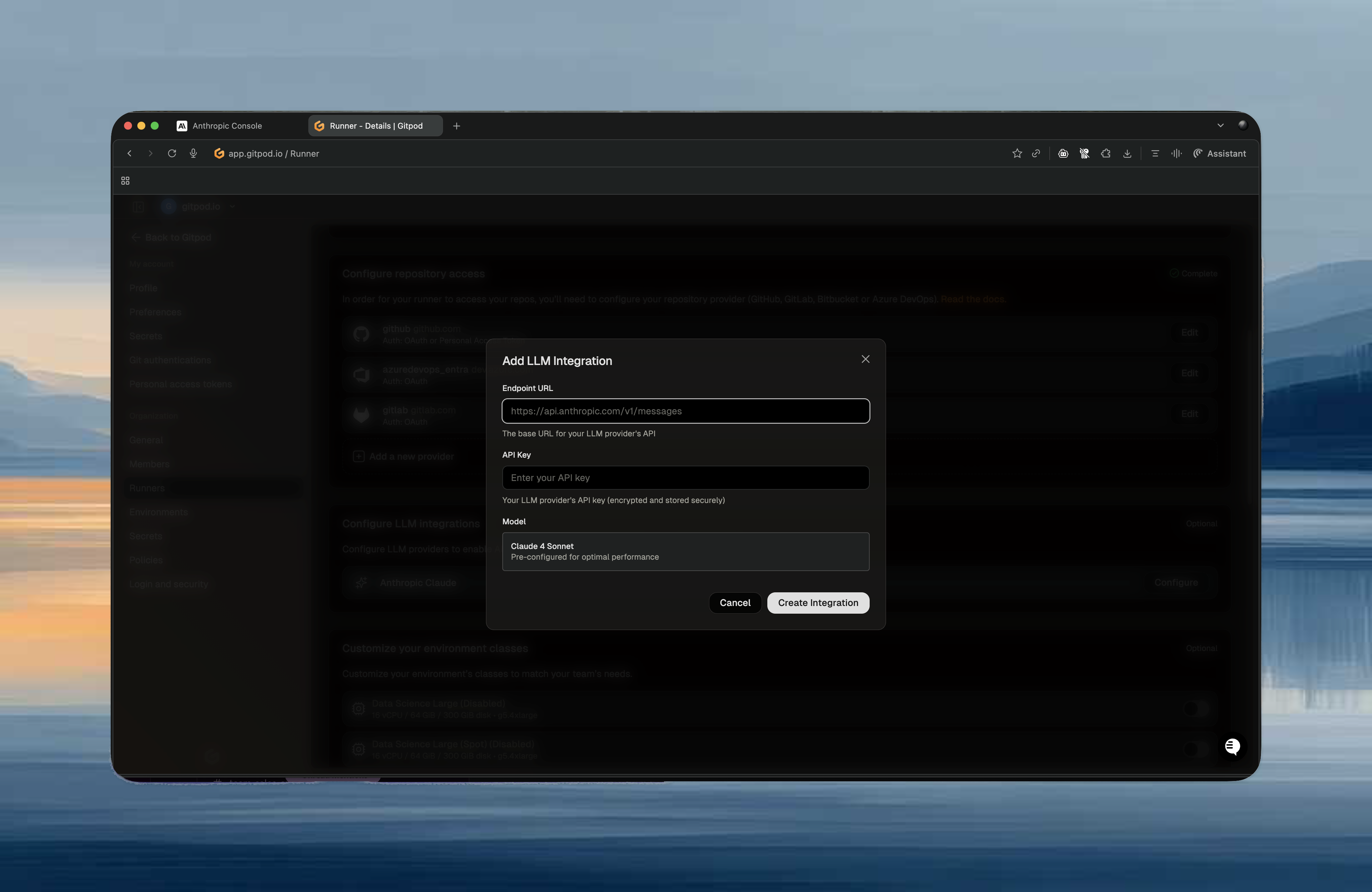 LLM Provider configuration form with endpoint URL and API key fields