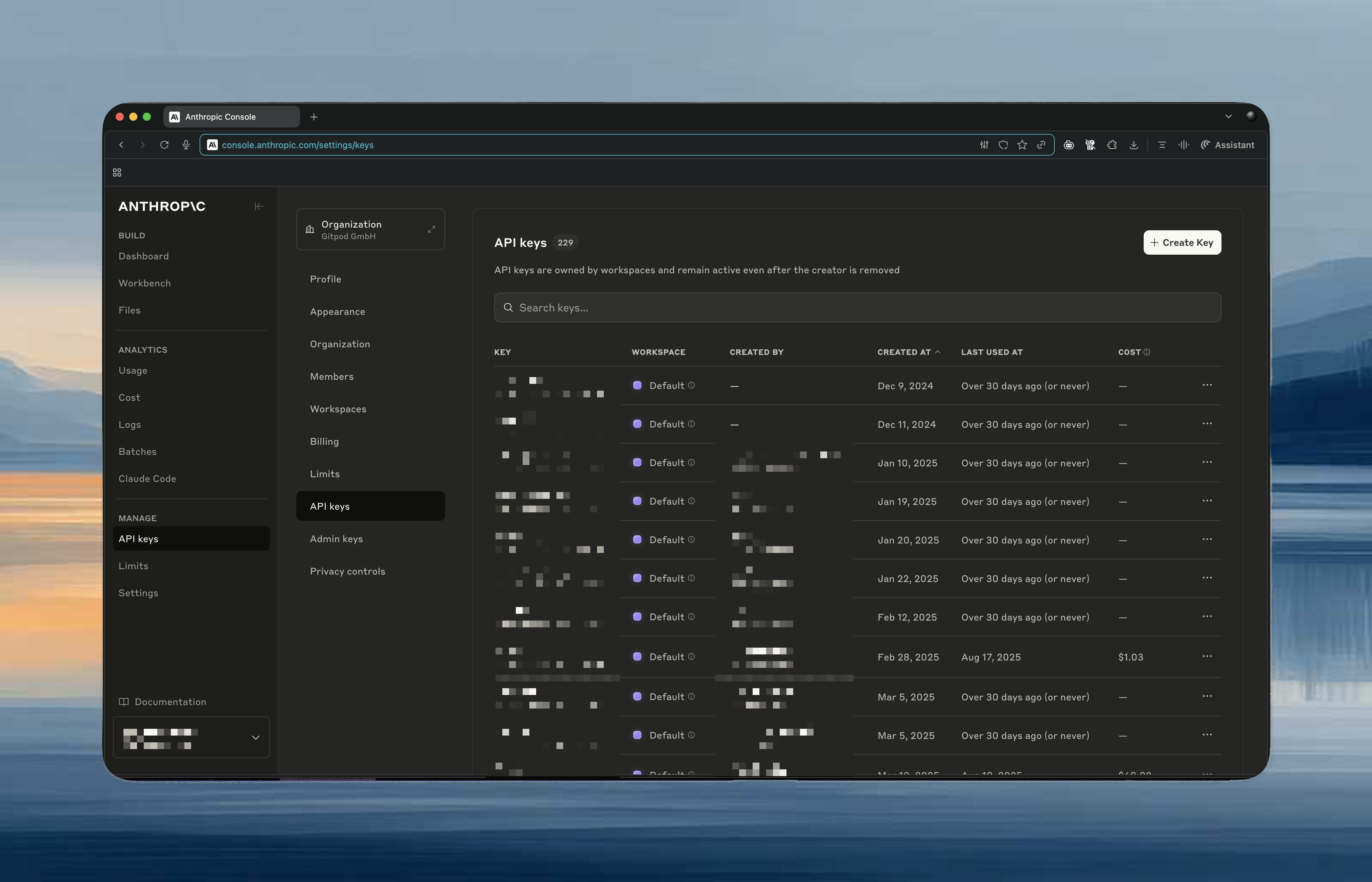 Anthropic API Keys console with Create API Key button and list of existing keys