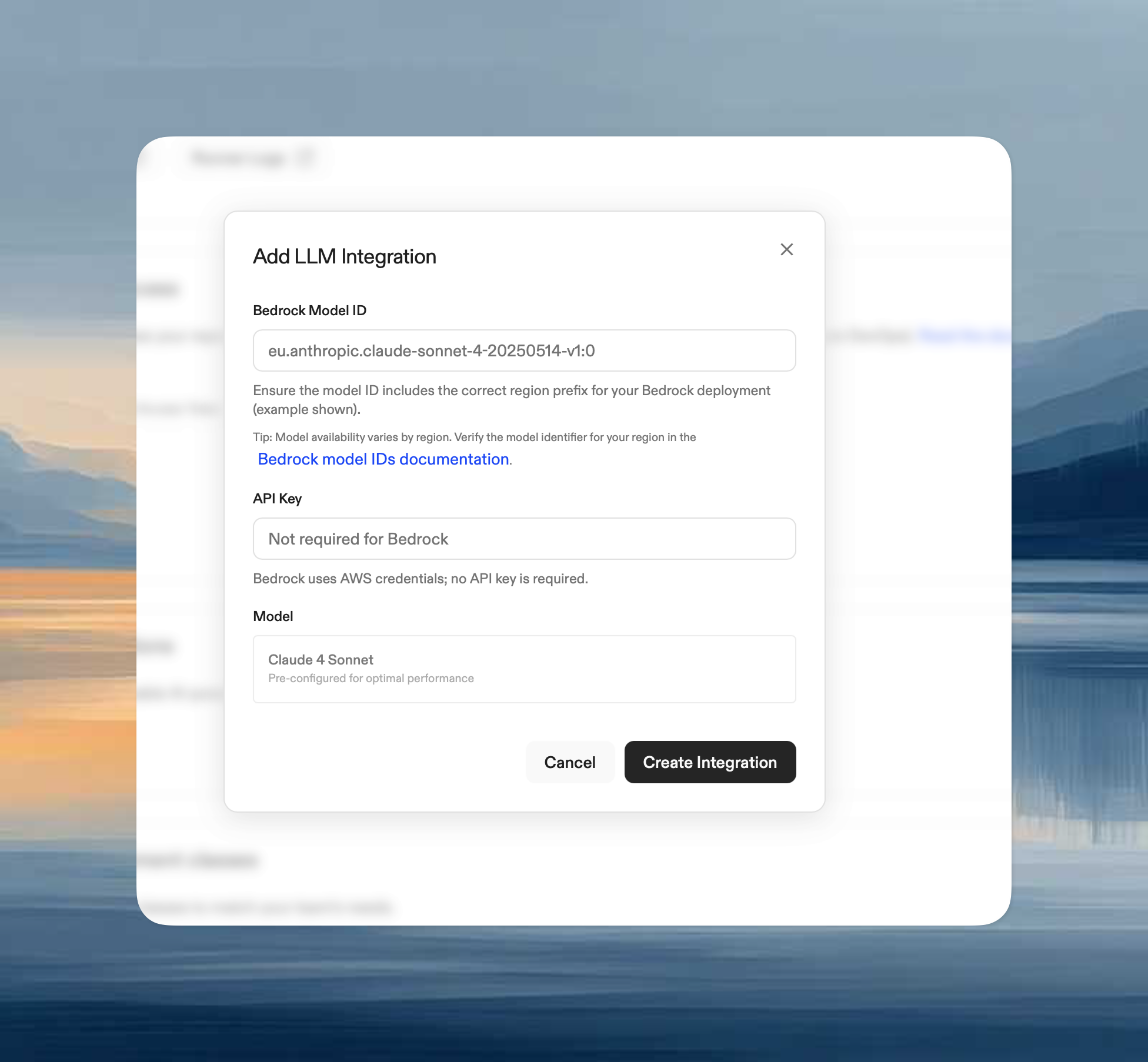 Completed Bedrock LLM integration form with model ID and configuration saved