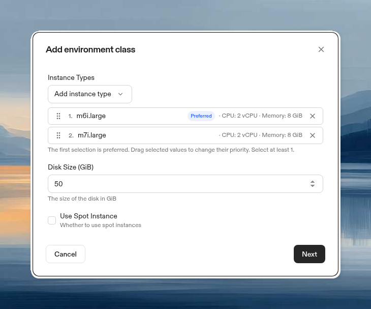 Add environment class dialog with ordered instance types and the first type marked Preferred