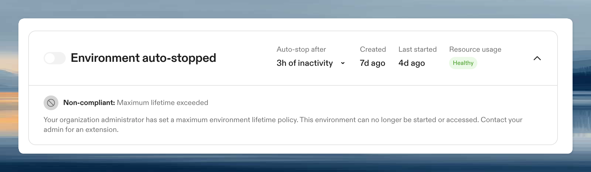 Non-compliant environment status banner on the details page