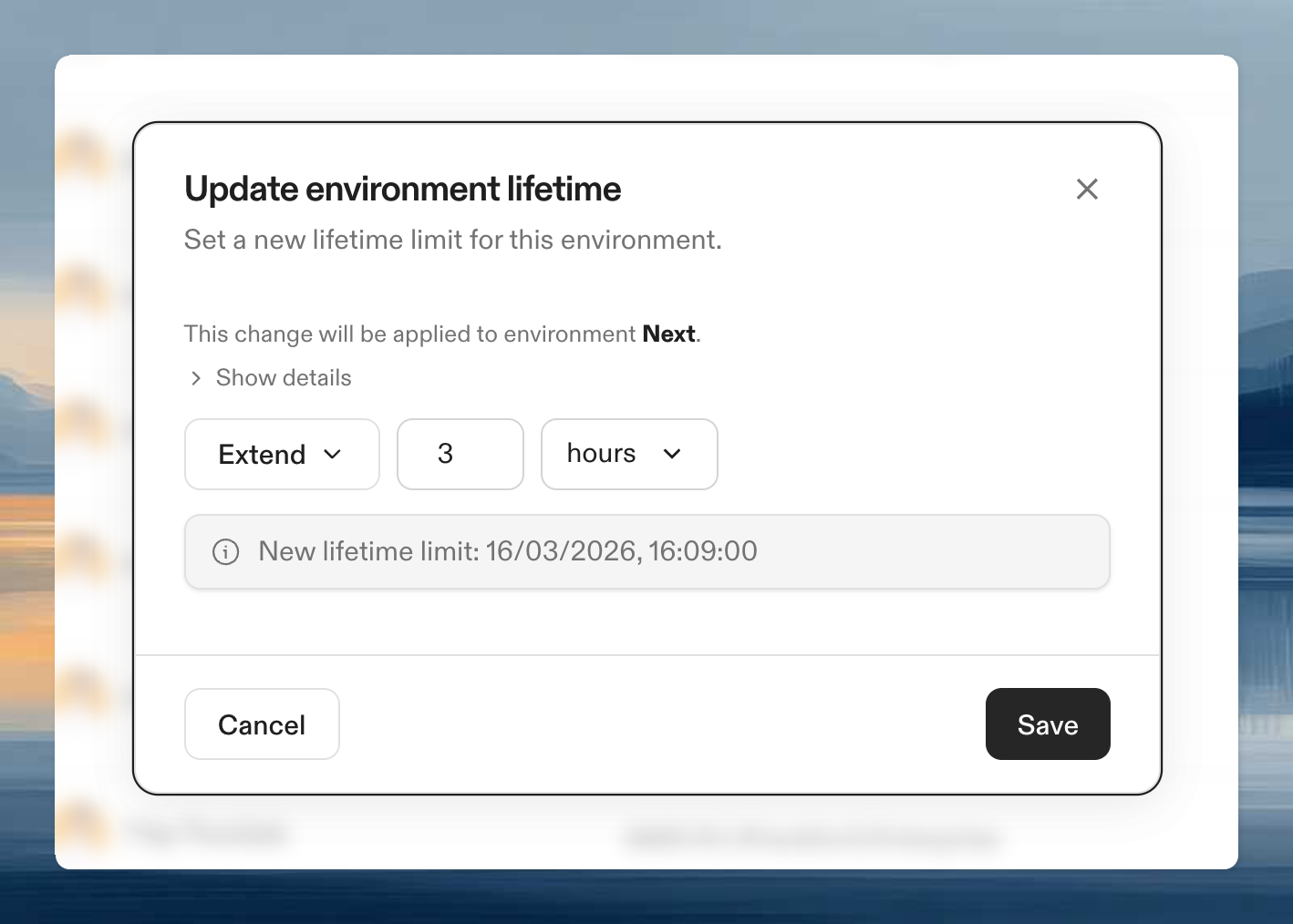 Update environment lifetime modal