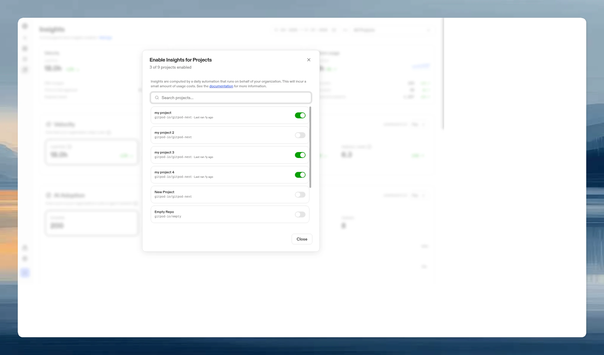 Manage Insights dialog showing project toggles to enable or disable insights per project