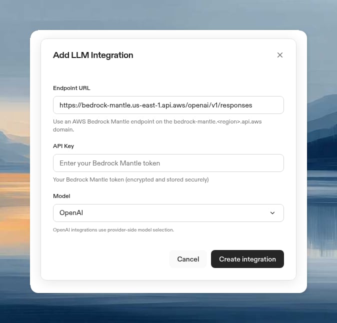 AWS Bedrock Mantle LLM integration form showing endpoint URL, API key, and OpenAI model fields