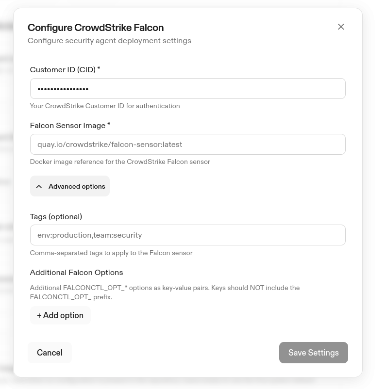 Advanced options for CrowdStrike Falcon configuration