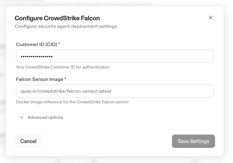 CrowdStrike Falcon configuration modal