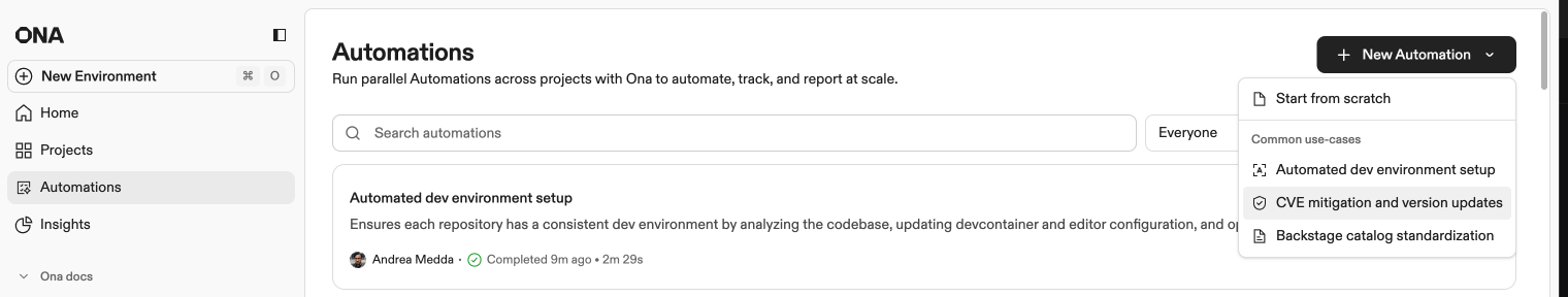 New automation dialog showing start options