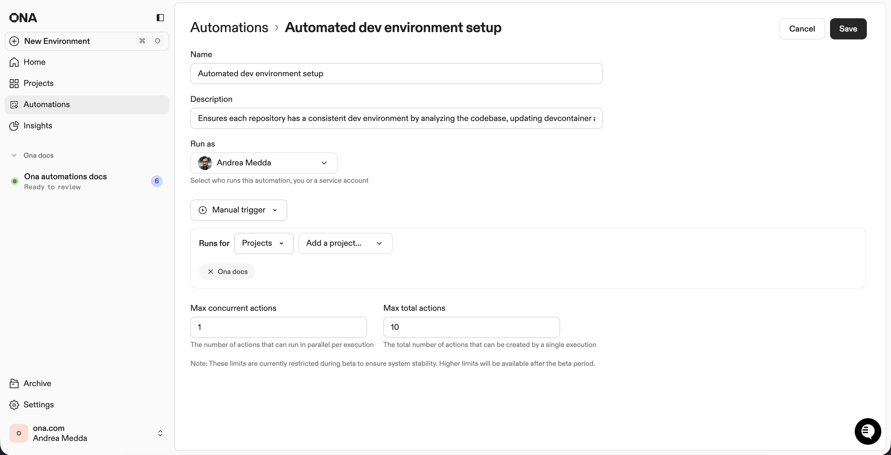 Basic configuration form with name, description, and run as options
