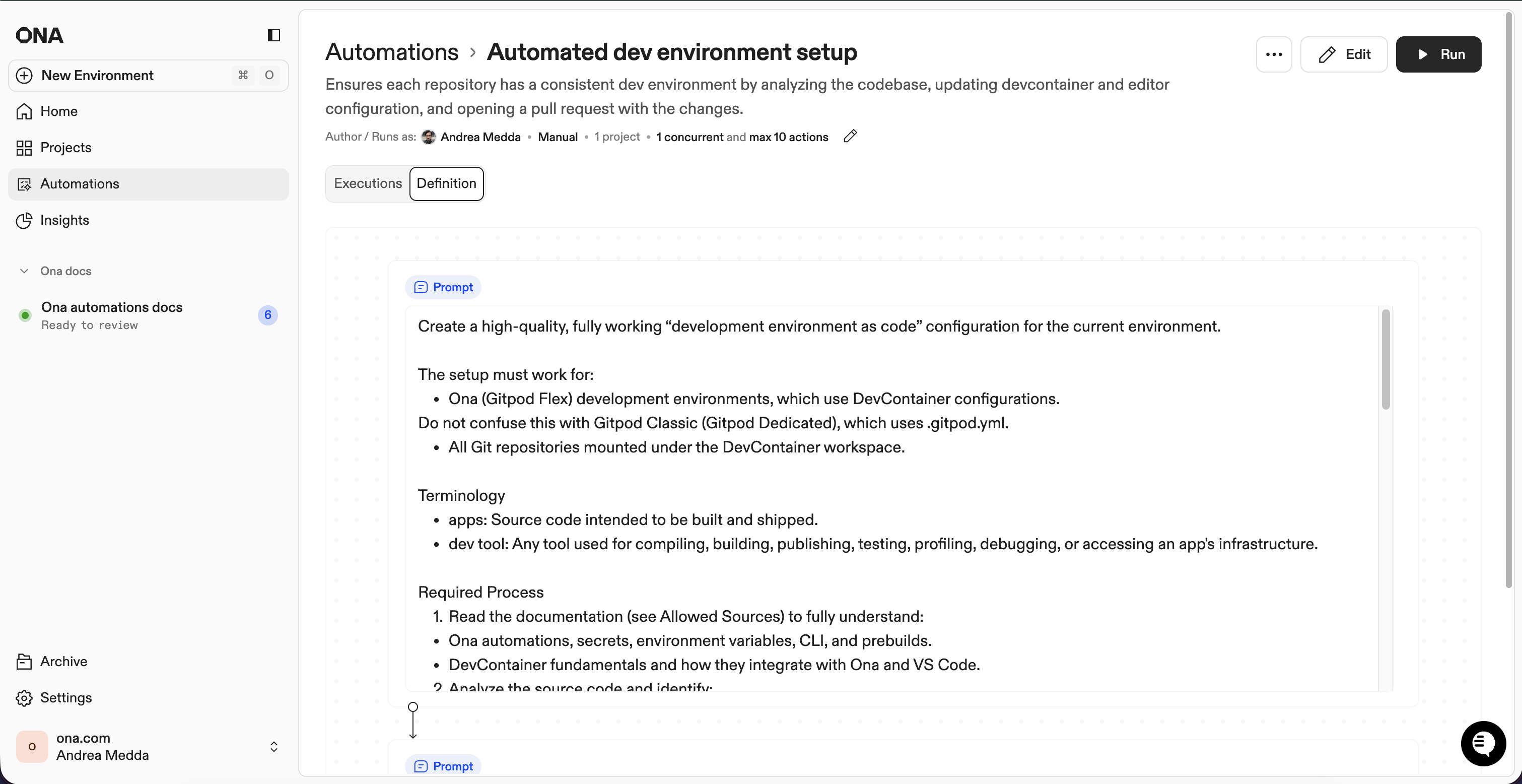 Steps configuration showing multiple prompts and shell scripts
