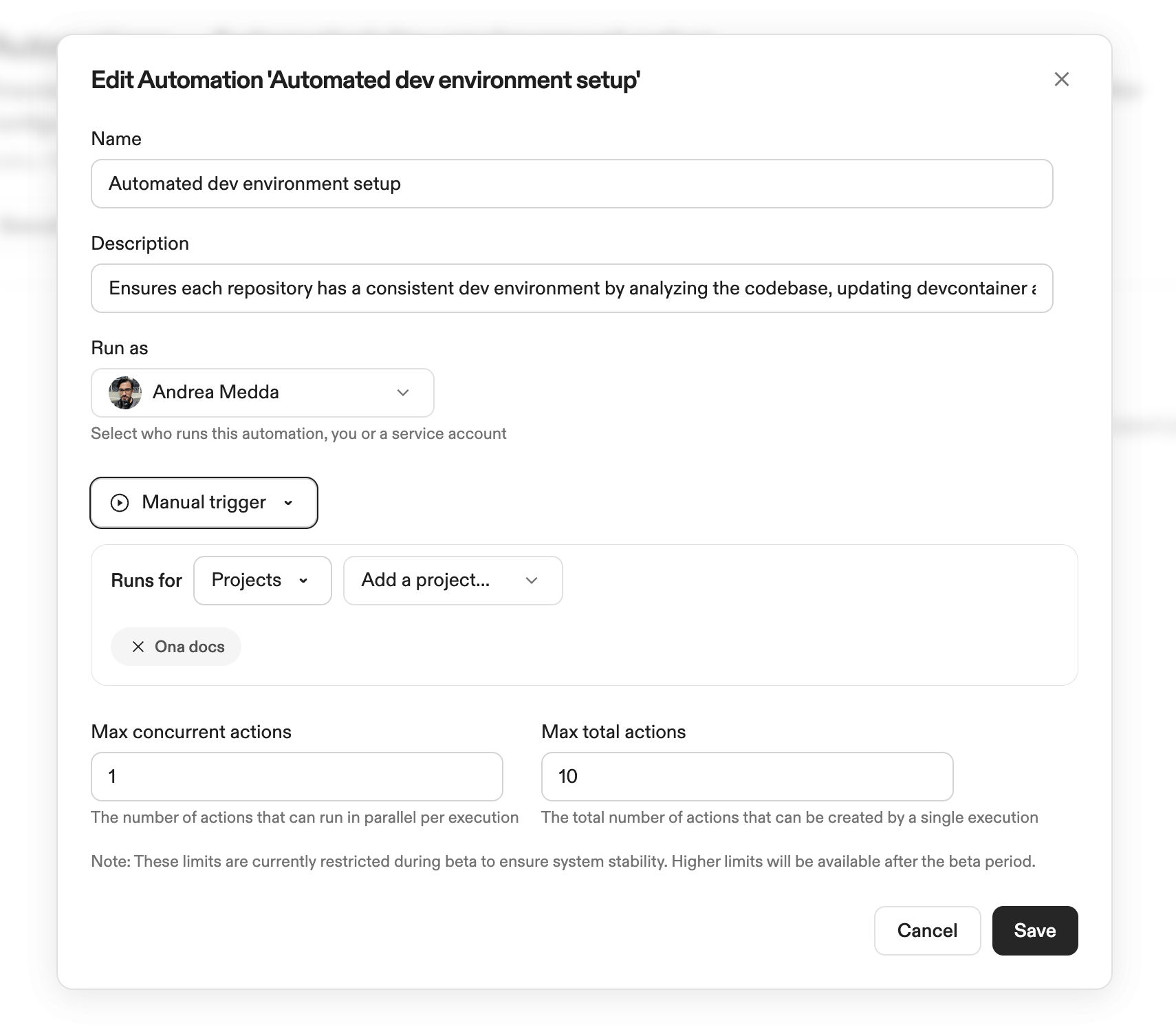 Manual trigger configuration with project selection