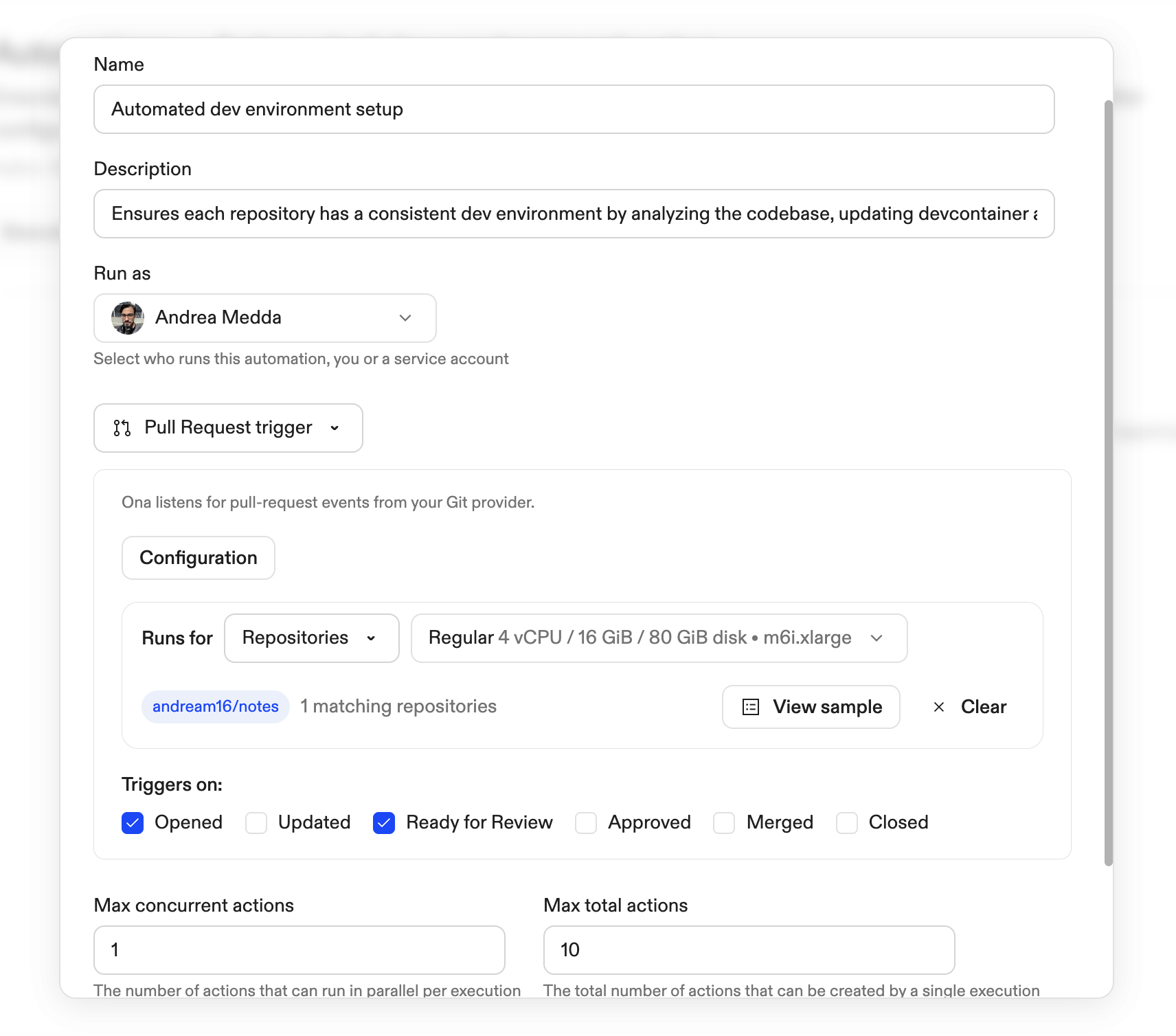 Pull request trigger configuration with target selection