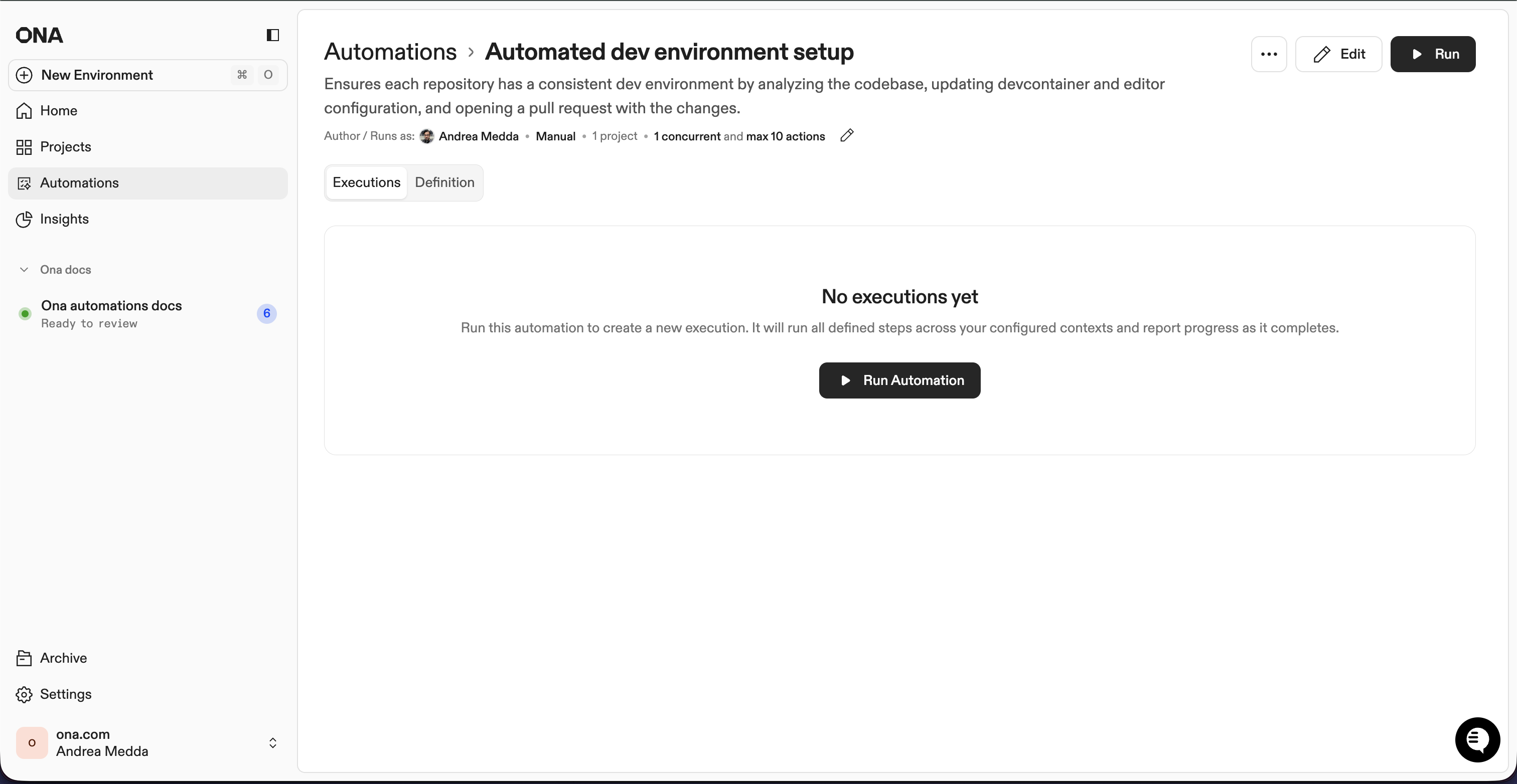 Run button location on automation details page