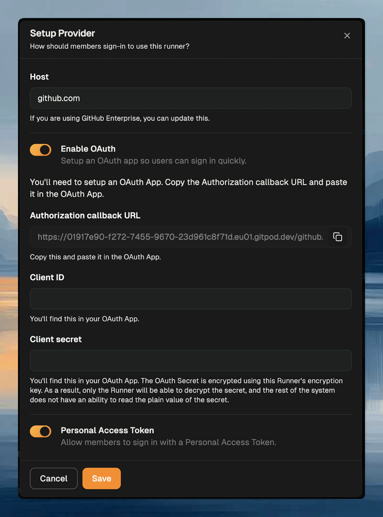 OAuth configuration dialog showing Client ID and Client Secret fields