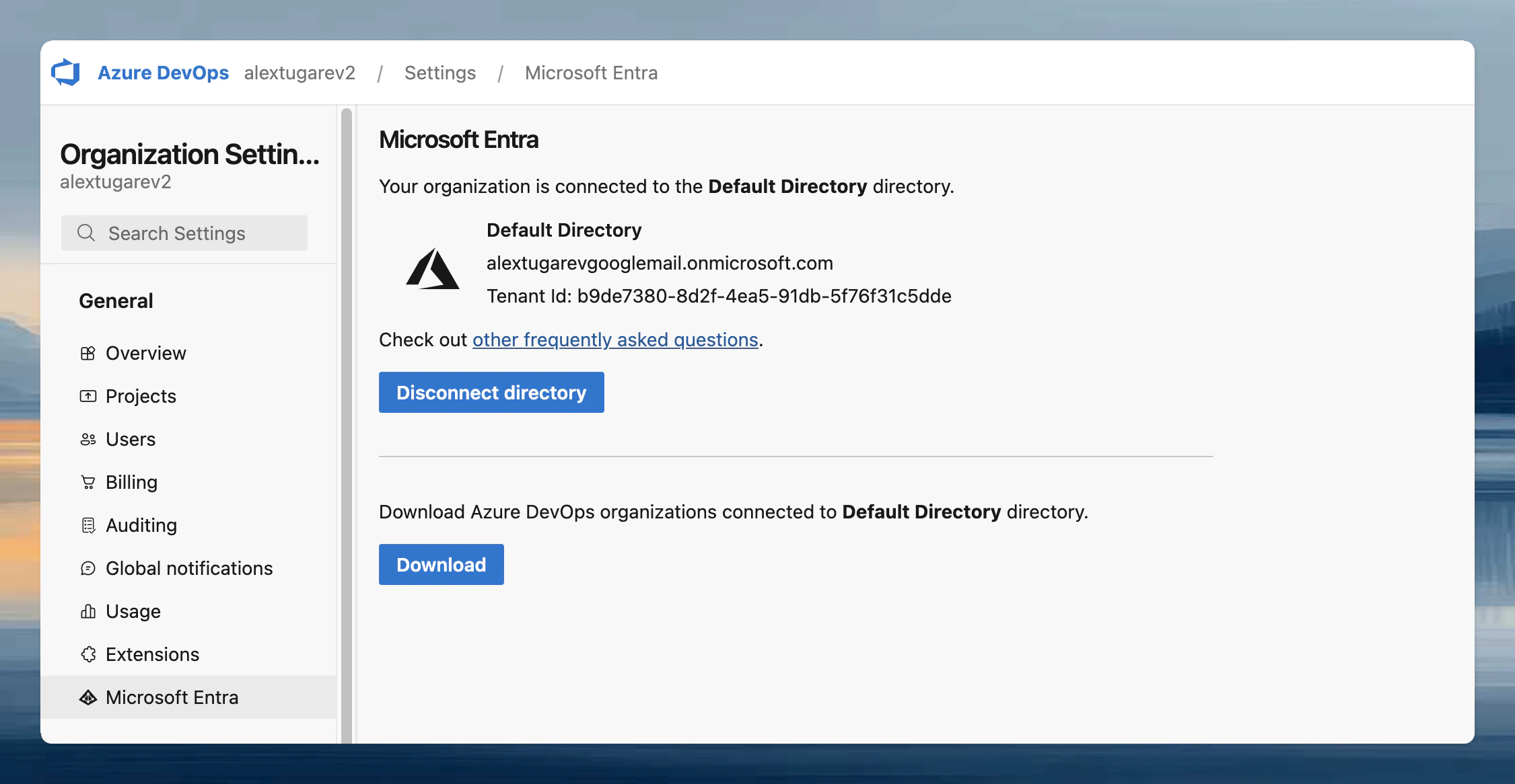 Azure DevOps organization settings showing Microsoft Entra ID connection