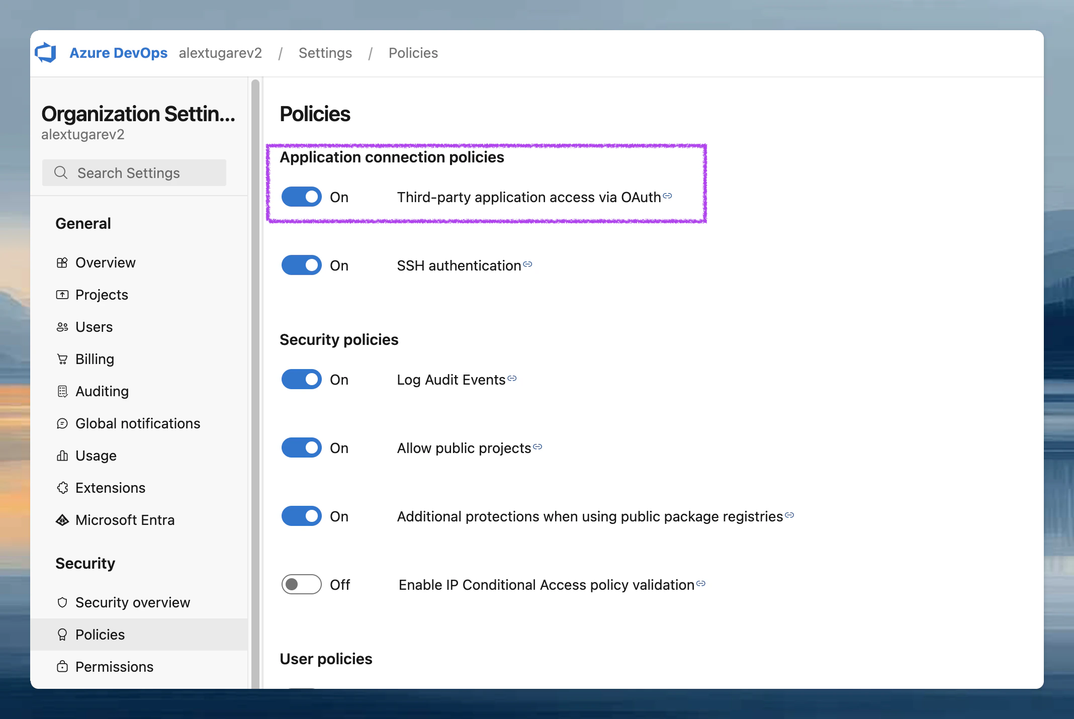 Azure DevOps Security Policies page with Third-party application access via OAuth setting