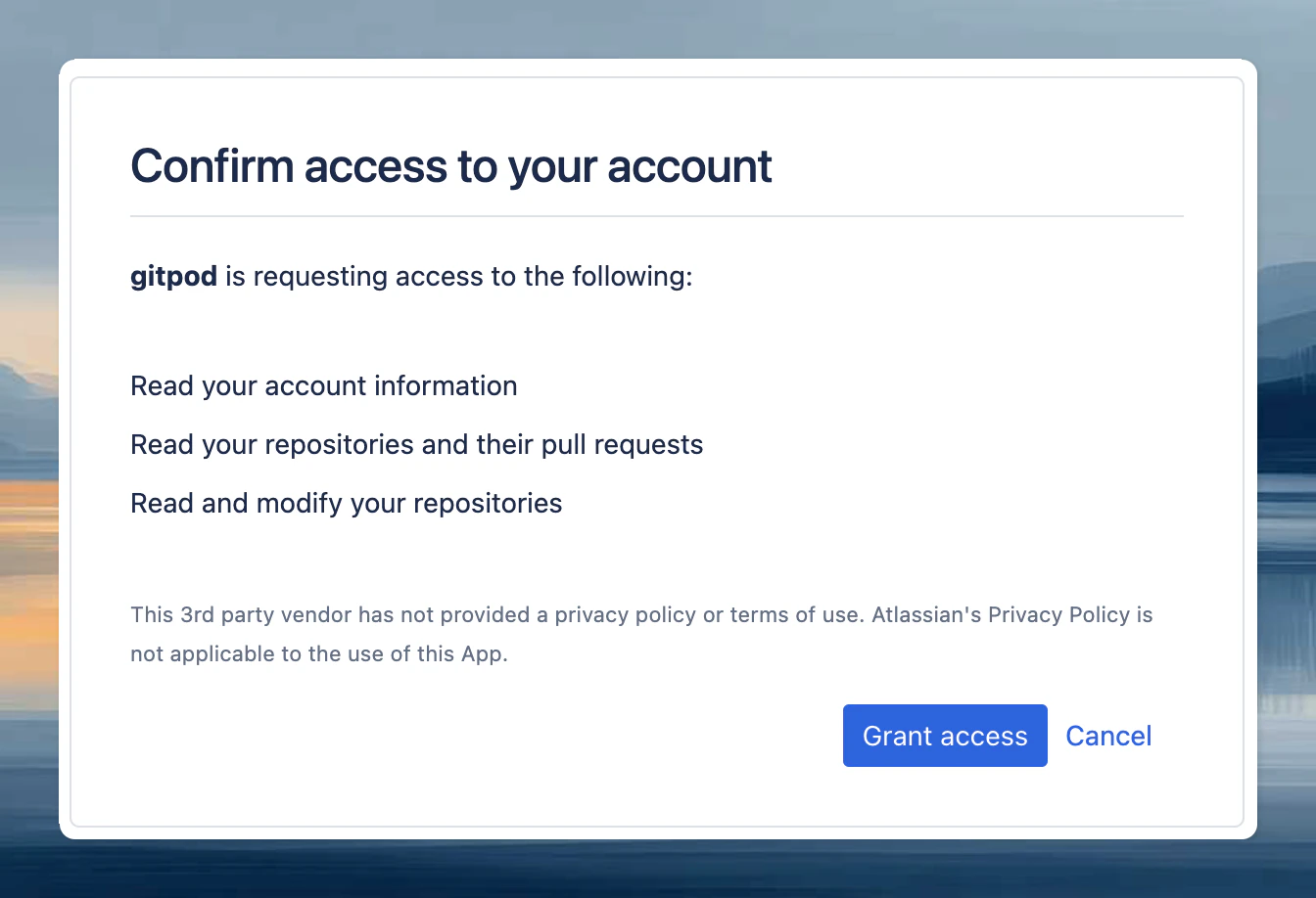Bitbucket authorization page showing requested permissions and Grant access button