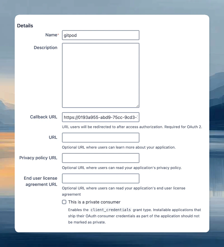 Bitbucket OAuth consumer settings showing required scopes configuration