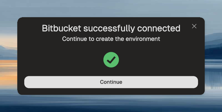 Success confirmation showing Bitbucket is now connected to your account