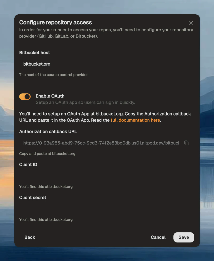 Bitbucket provider configuration dialog with OAuth toggle enabled