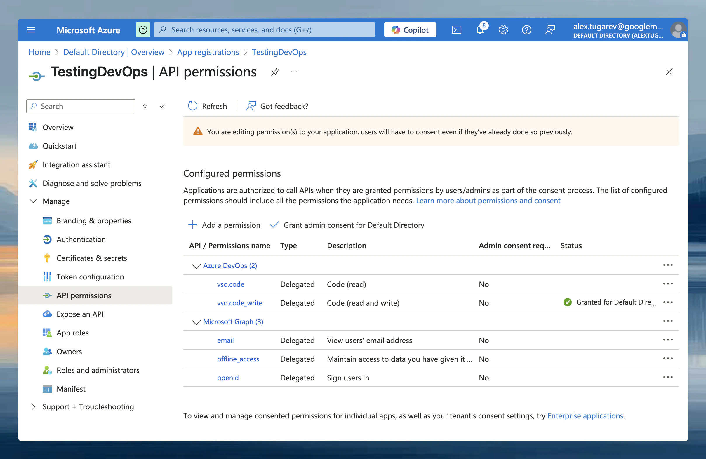 Microsoft Entra ID API permissions showing Microsoft Graph and Azure DevOps scopes