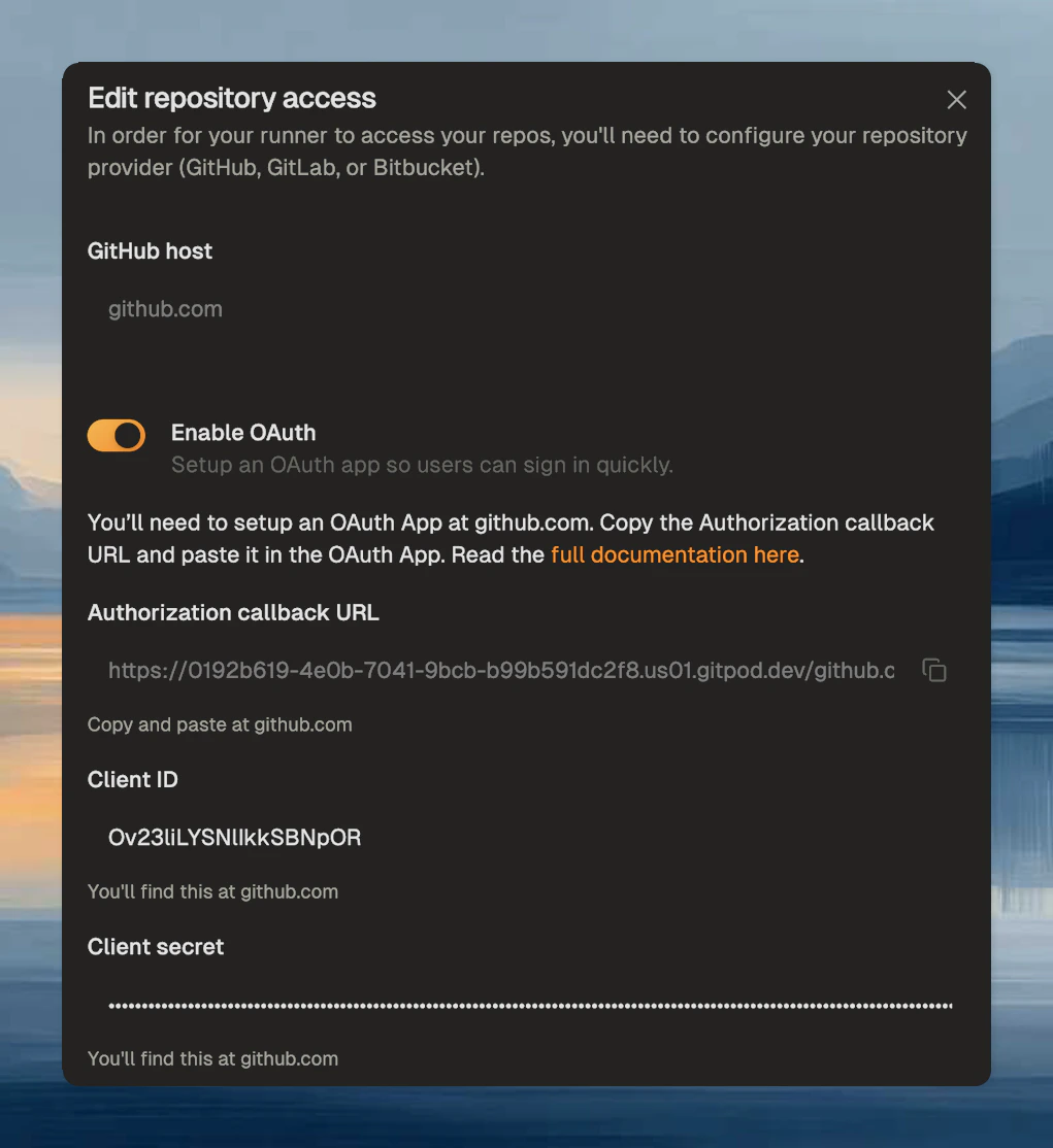 GitHub provider configuration with OAuth toggle and host field