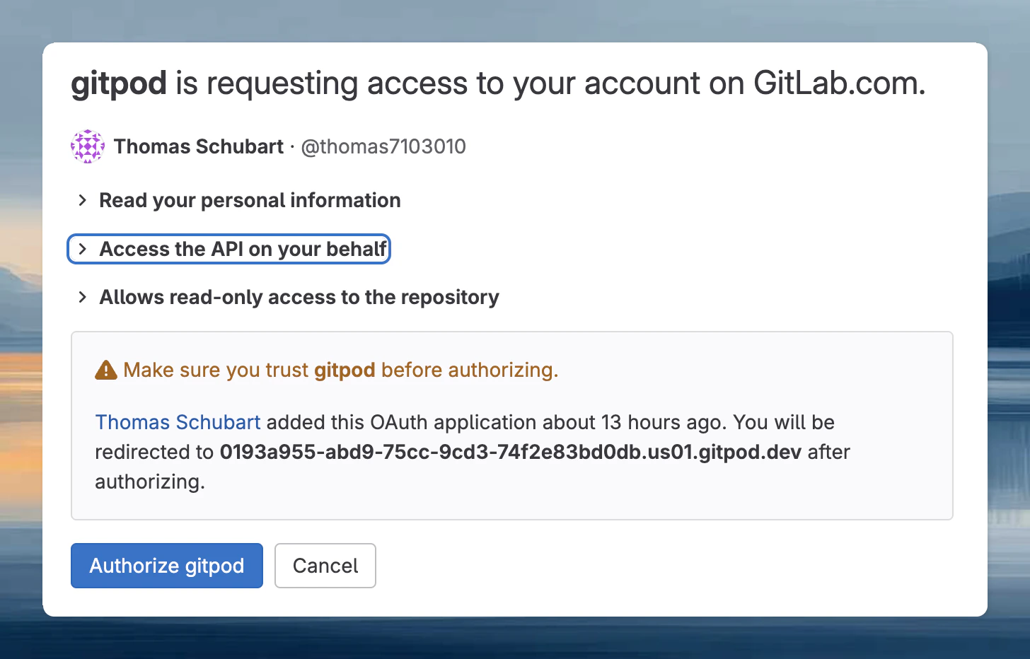GitLab authorization page showing requested permissions and Authorize button