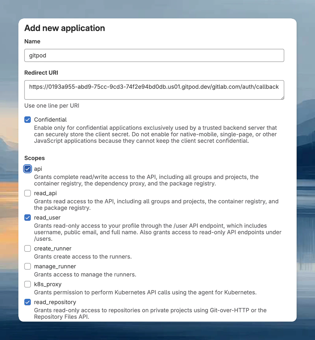 GitLab OAuth application settings showing required scopes configuration