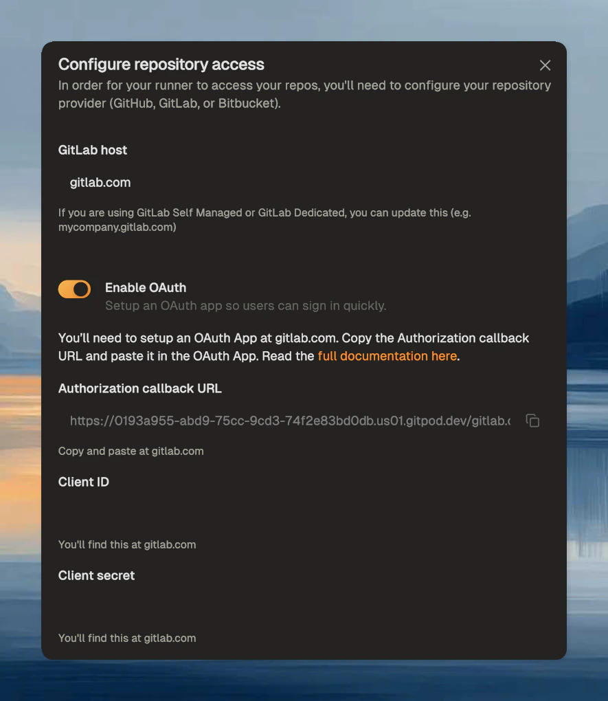 GitLab provider configuration dialog with OAuth toggle enabled