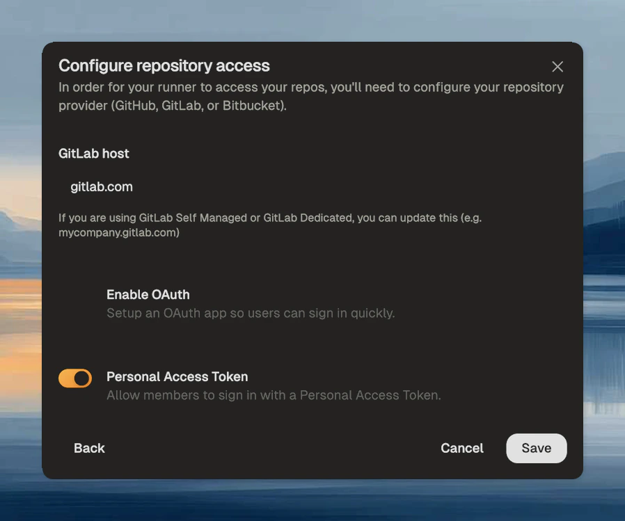 GitLab provider configuration dialog with Personal Access Token toggle enabled