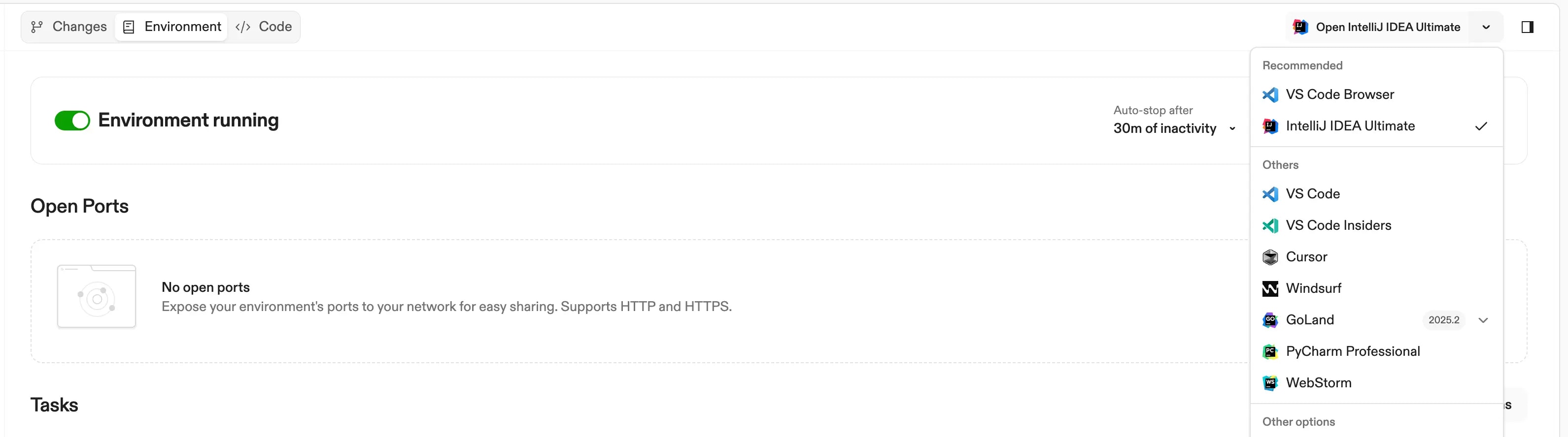 Environment details page showing recommended editors highlighted at the top of the editors list